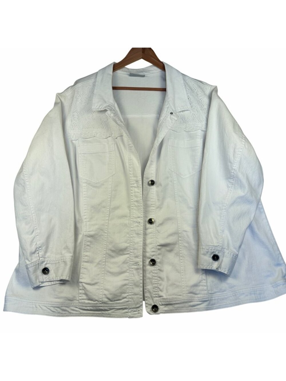 Catherines White Denim Jacket Sz 3X Pockets Eyelet Details Cottagecore